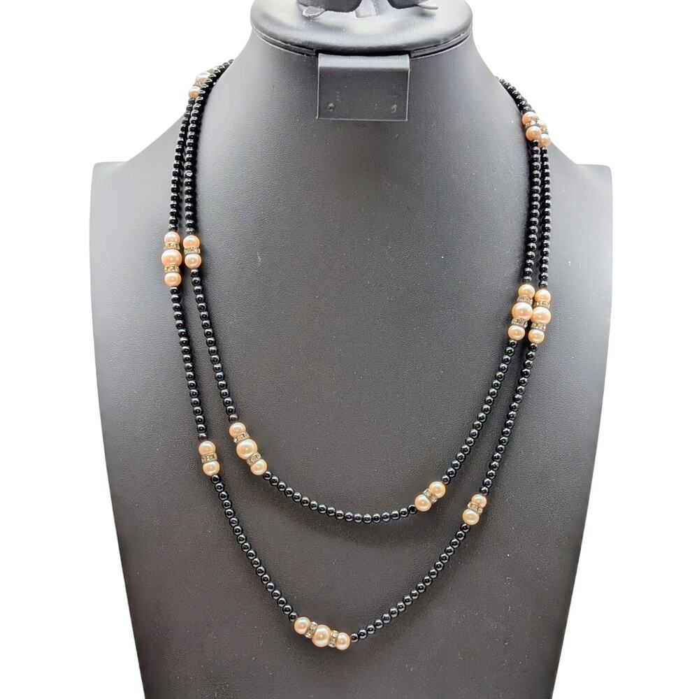 Vintage 50" Black Glass Bead Faux Pearl Rhinestone Rondelle Bead Necklace